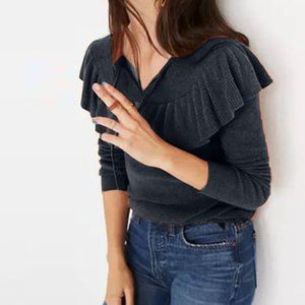 MADEWELL Ruffled Tie Front Pullover Sweater, Heather Navy, S